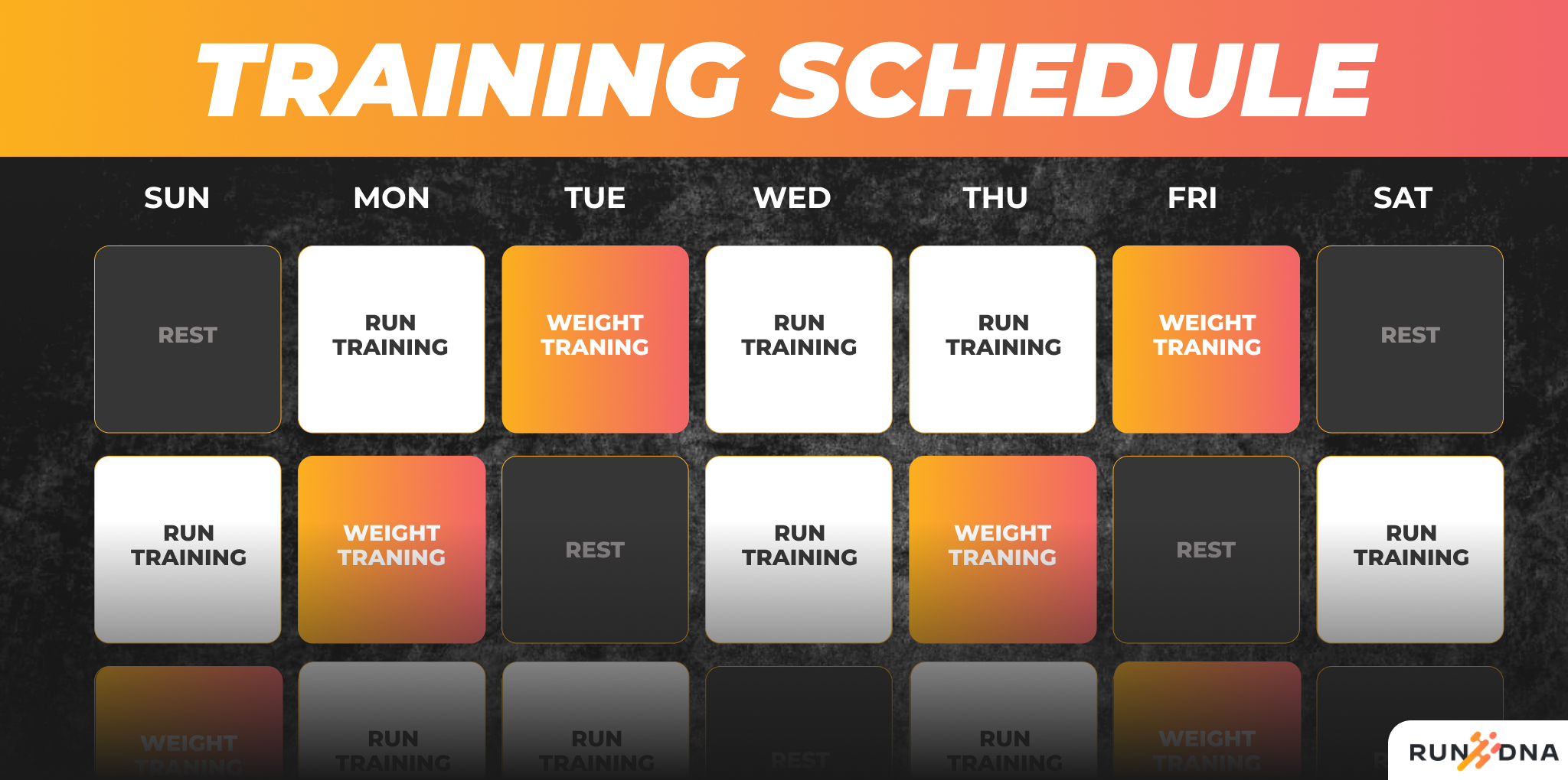 Scheduled planner showing a balanced weekly strength and running training program for runners.