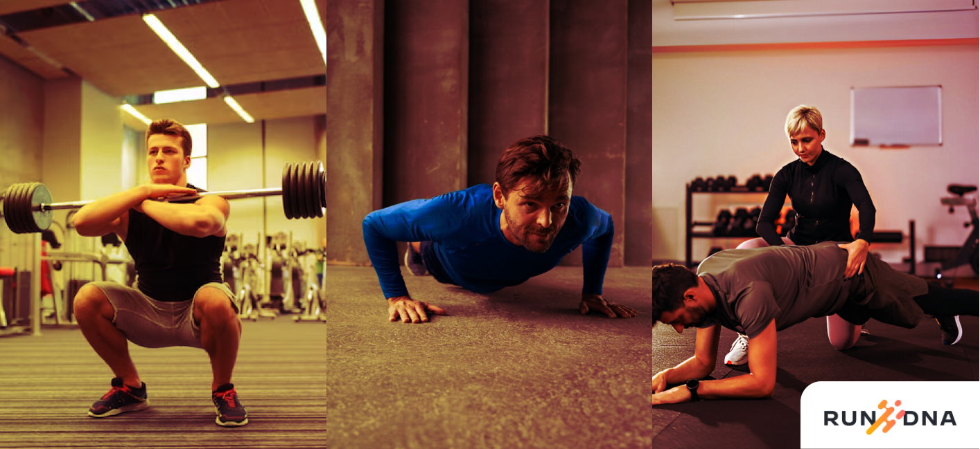 Collage of essential strength training exercises for runners: squats, planks, and push-ups.