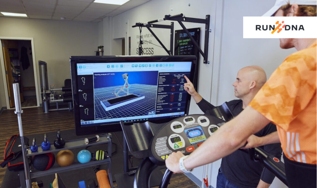 Physical therapist performing gait analysis on a runner with biomechanics annotations.