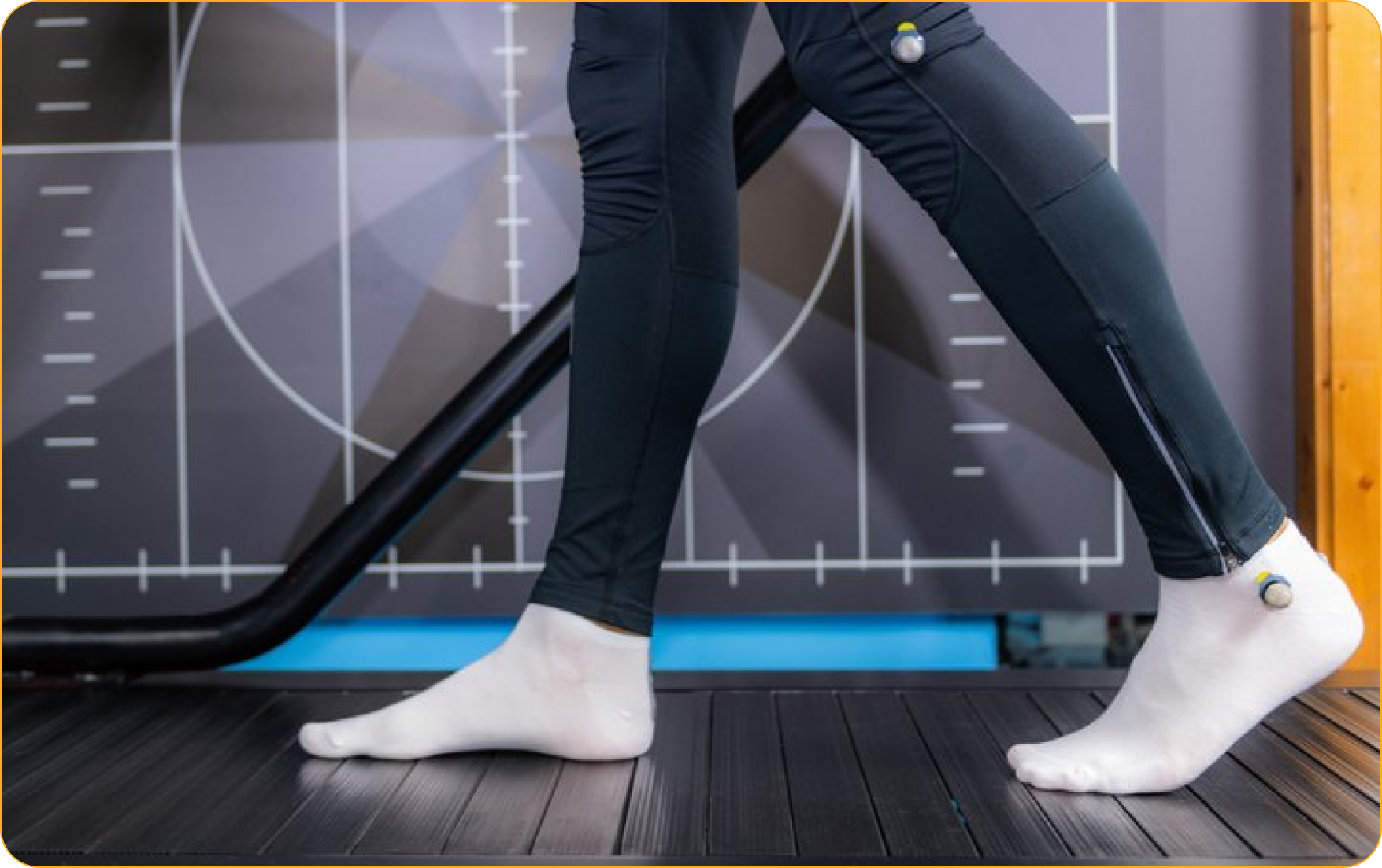 A person performing gait analysis by walking across a force pad, which captures pressure distribution and foot mechanics.